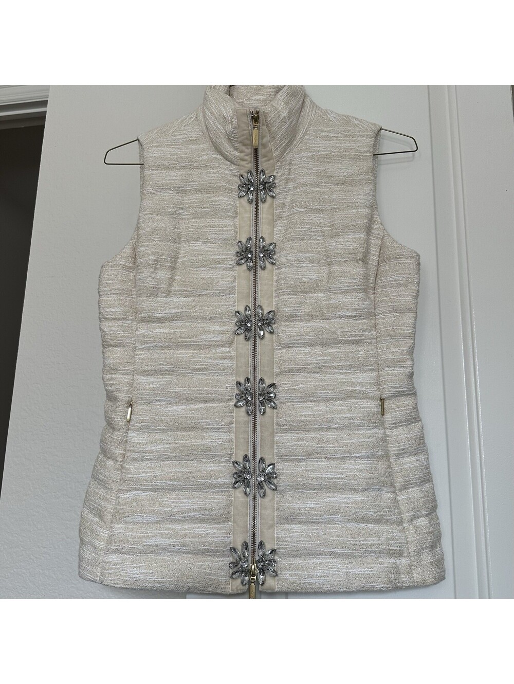 Lilly Pulitzer Noella Vest Cream Beige & Metallic Gold Tone With Crystals Small